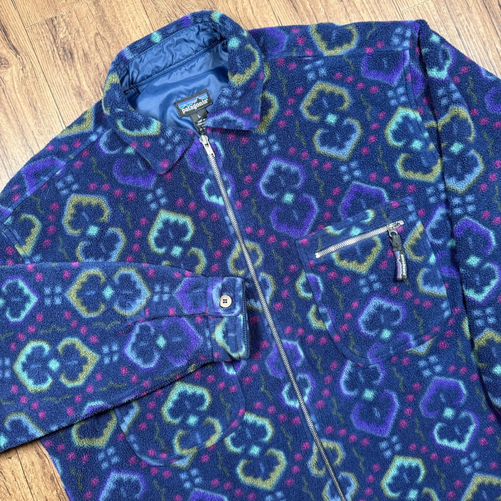 Vtg 94 Patagonia Synchilla Fleece Overshirt Jacket Mens L Blue Tapestry USA Rare